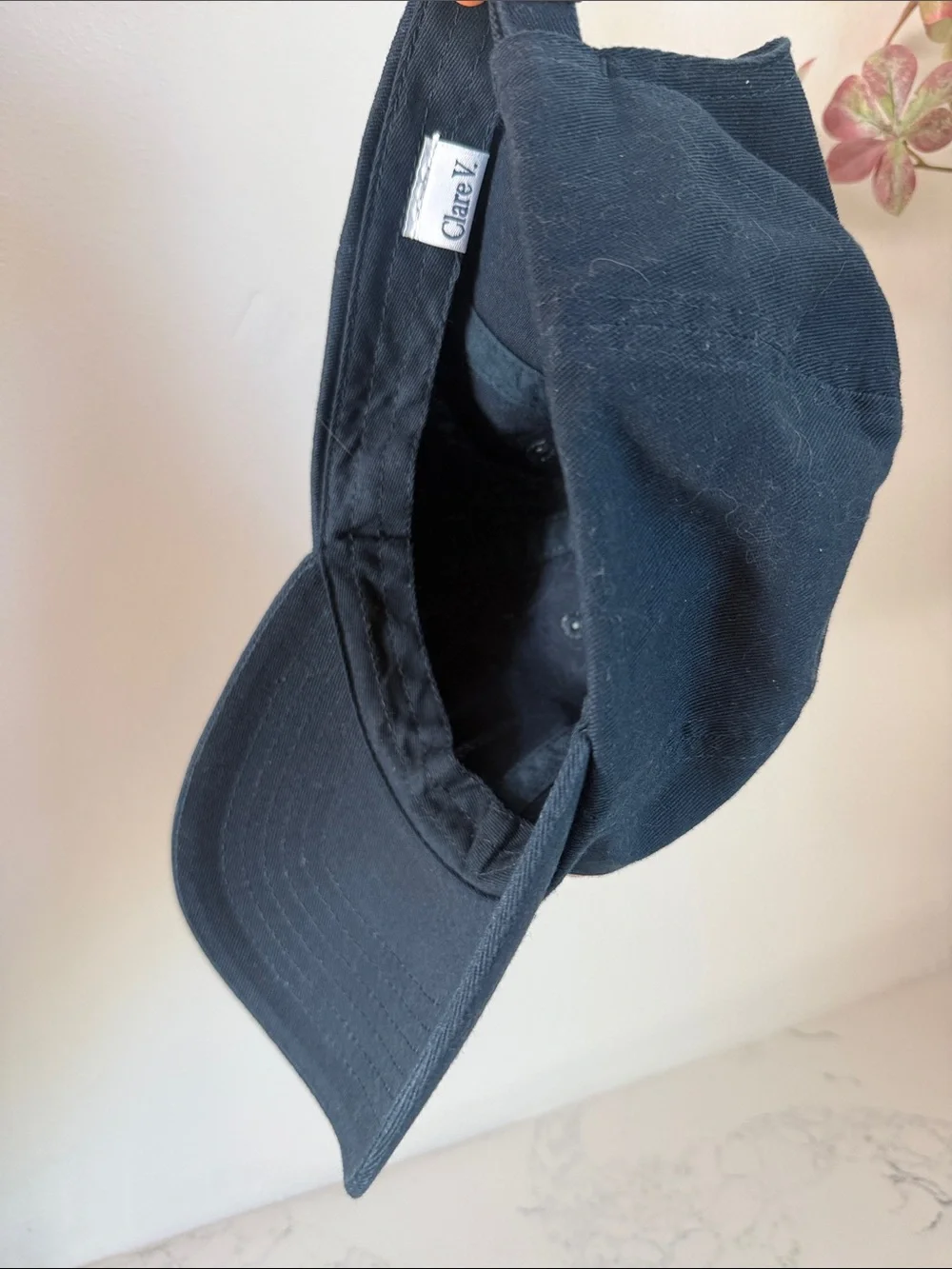 Clare V. Ciao Baseball Cap red block letters navy cotton canvas